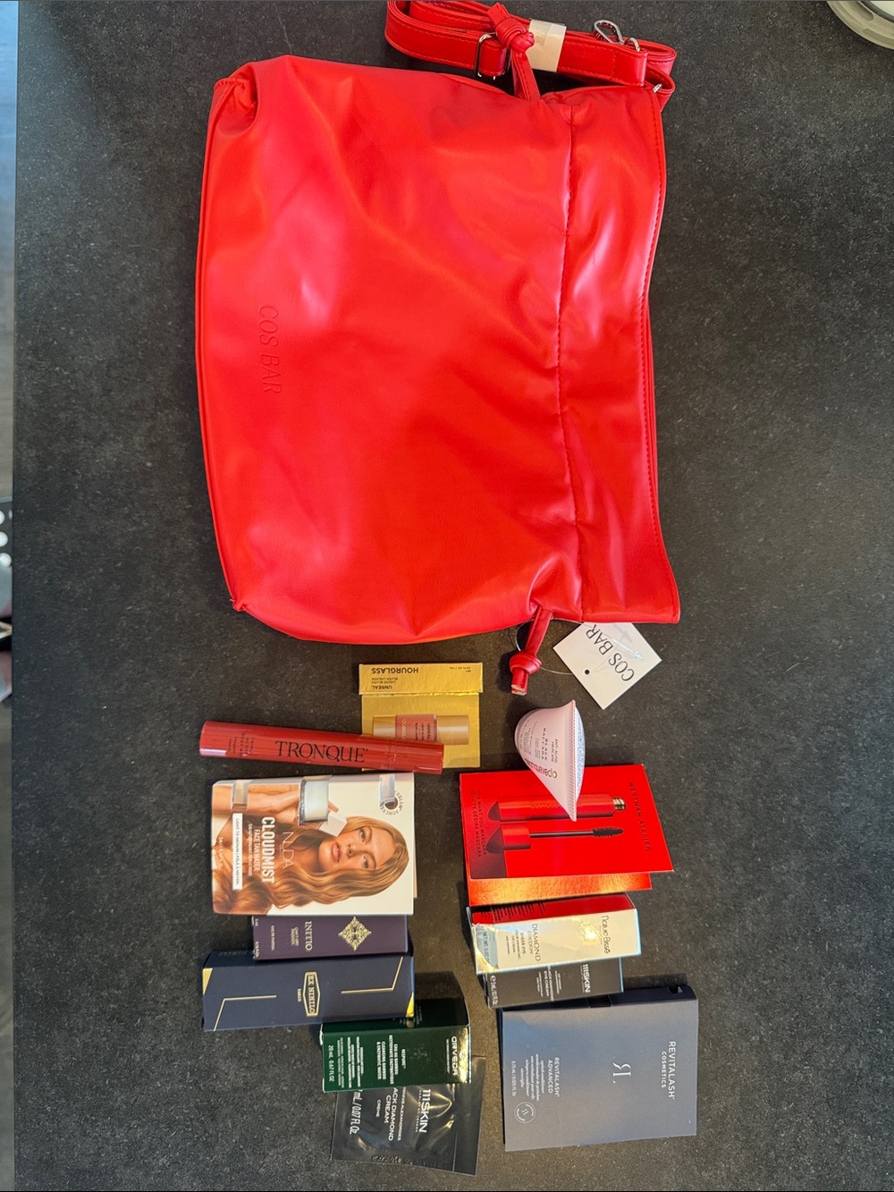 COS BAR Red Cosmetic Pouch with Drawstring top and Strap and Beauty Samples